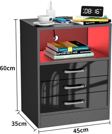 Тумбочка PIPIPOXER зі світлодіодом, велике місце для зберігання, високий глянець, 3 ящики, 45x35x52см, чорний, набір з 2 шт.