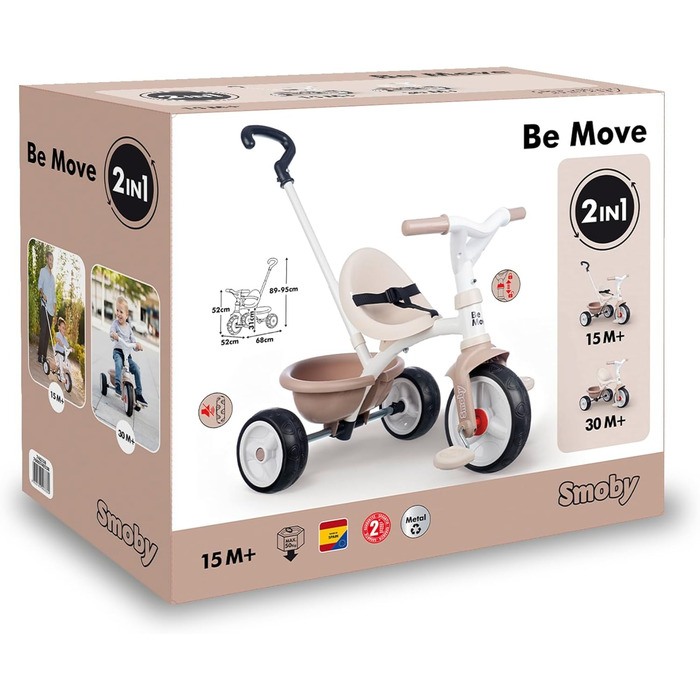 Триколісний велосипед Smoby Be Move Beige з ручкою-штовхачем, ременем безпеки, металевим каркасом та педальним механізмом, для дітей від 15 місяців