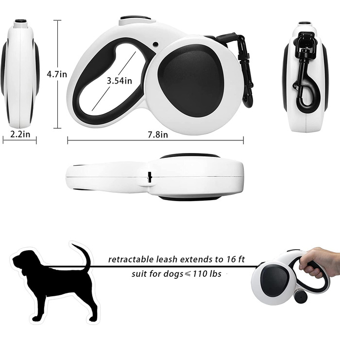 Міцний висувний повідець для собак TOPETZON, дозатор і пакети для корму, 4,9 м, міцна нейлонова стрічка, витримує навантаження до 50 кг, світловідбиваючий повідець без заплутування на 360 , нормальний