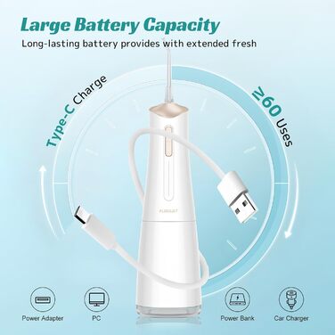 Бездротова портативна електрична ірригатор для рота FlossJet з 4 режимами, 5 насадками, об'ємом 300 мл та USB-C зарядкою. Ідеальна зубна гігієна та догляд за яснами. (Білий/Опудалий сад)