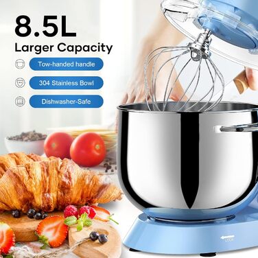 Кухонна машина Vezzio 1500W з чашею 8.5L з нержавіючої сталі, 10 швидкостей, для замішування та збивання тіста, з набором насадок (Синій)