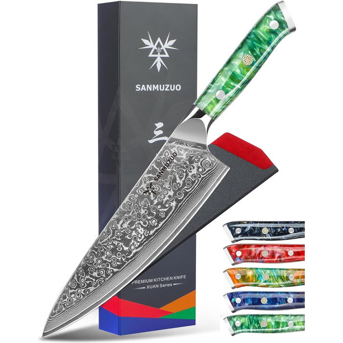 Ніж кухарський 20 см Xuan Серія VG10 Дамаська сталь, ручка з харчового пластику (смарагдовий)