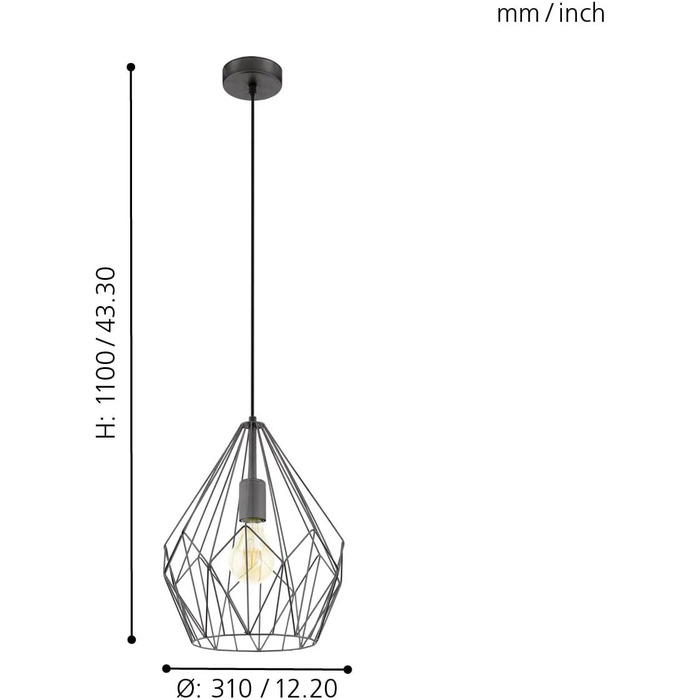 Підвісний світильник EGLO Carlton, вінтажний підвісний світильник на 1 полум'я, підвісний світильник ретро з металу в матовому кольорі, цоколь E27 (чорний)