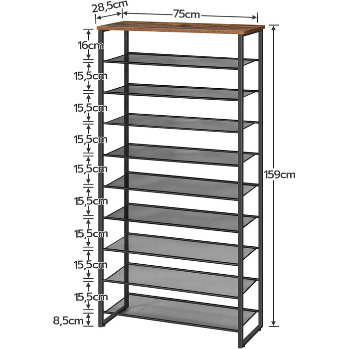 Полиця для взуття HOOBRO з 10 рівнями, тумба для взуття висока, полиця для взуття вузька, зберігання взуття, металева, на 32-40 пар взуття, економія місця, для передпокою, вітальні, вінтажна коричнево-чорна EBF107XJ01 75 х 28,5 х 159 см