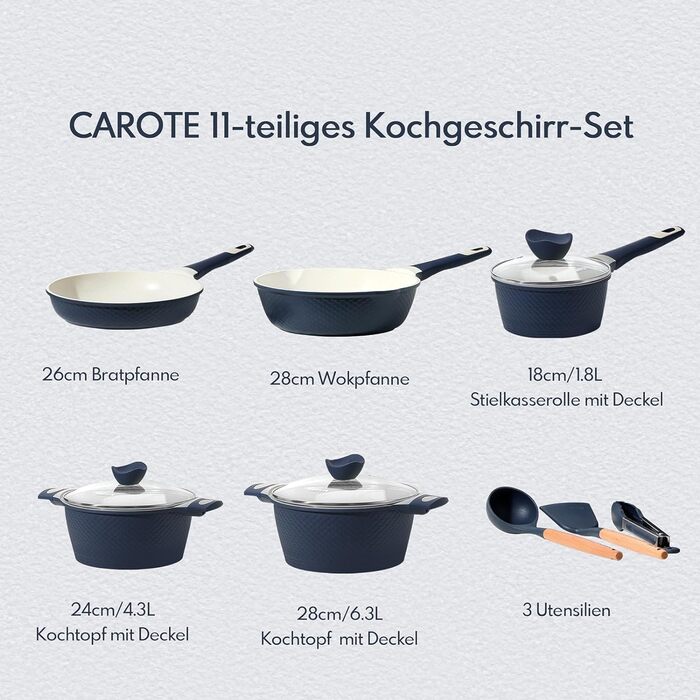 Набір посуду CAROTE 1, каструлі 26 см, каструля 1,8 л, каструля 4,3/6,3 л, сковорода 28 см, з антипригарним покриттям, індукційна плита (синій)