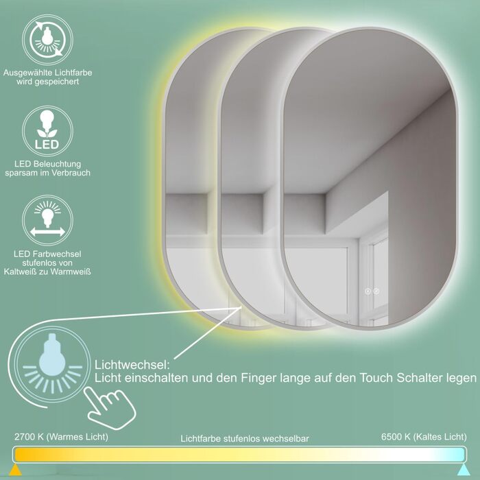 Дзеркало для ванної кімнати LED HOKO Design Turin, овальне, 45x75 см, матовий чорний каркас, сенсорне керування, LED-підсвічування, антизапарник