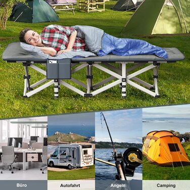 Розкладне кемпінгове ліжко CALIYO, польове ліжко для гостей до 200 кг, 190 x 68 x 40 см, з сумкою для зберігання, світло-сіре