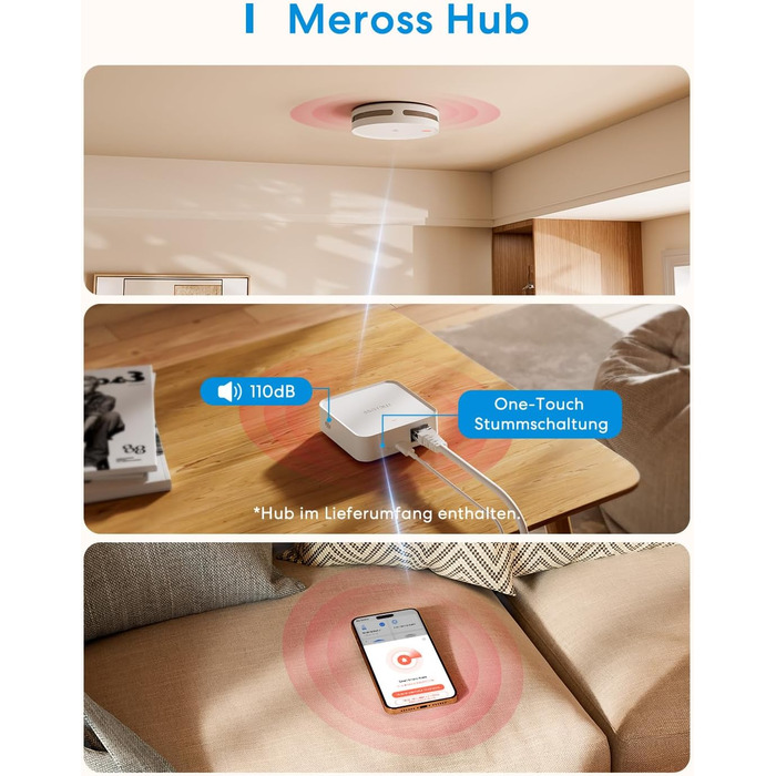 Meross Matter комплект димових сповіщувачів (3 шт.) з Matter Hub, Wi-Fi, двосторонній датчик світла, захист від комах 0,8 мм