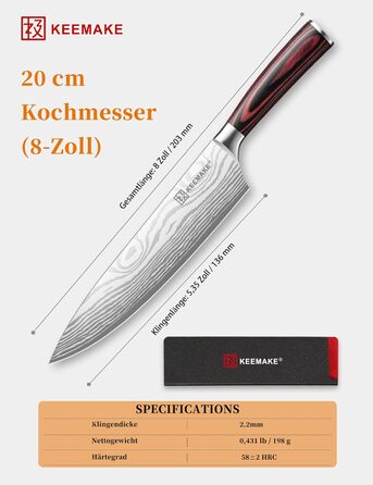 KEEMAKE Ніж кухарський 20см, професійний ніж для кухні з нержавіючої сталі з захистом леза, гострий ніж шеф-кухаря для м'яса, овочів, риби