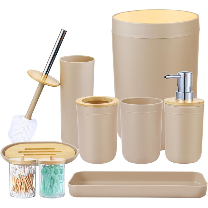 Набір аксесуарів для ванної кімнати iMucci (9 шт.) з бамбуковим покриттям, пастельно-зелений, бежевий: смітник, щітка для унітазу, тримач для зубних щіток, диспенсер для лосьйону/мила, мильниця, стакан для зубних щіток, тримач для ватних паличок