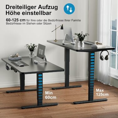 Електричний столик-трансформер Devoko з регулюванням висоти 60-125 см, 3 пам'яті, чорний