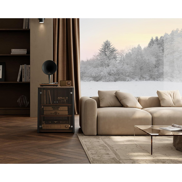 FITUEYES HiFi стійка з скляними дверцятами, стіл для програвача з захисним оснащенням, регульовані полиці для програвача та стереосистем, 66x65x81 см