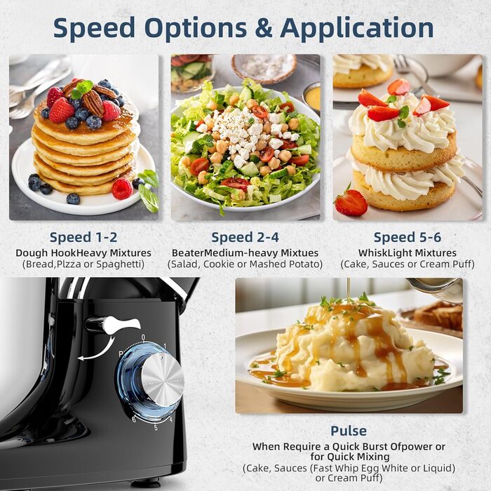 Кухонна машина Cheflee 2000W з чашею 6.2L з нержавіючої сталі, 6 швидкостей, низький шум, міксер, гак для тіста, захист від бризок, чорна