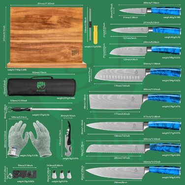Японський набір ножів Fullhi 15 предметів з магнітним підставкою, з високоякісної сталі, ергономічні ручки з харчового пластику, для професійної та домашньої кухні