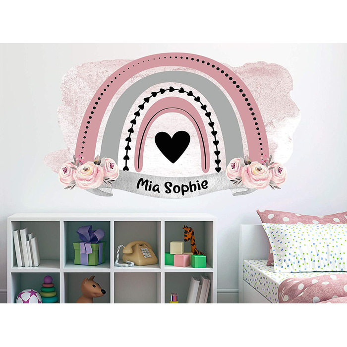 Наклейка на стіну Райдужна дитяча кімната з ім'ям, персоналізованим для хлопчиків і дівчаток, наклейка на стіну дитяча кімната Дитячі наклейки, сердечко / (рожевий, 70x40 см)