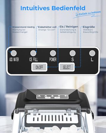 Льодогенератор Klarstein Ice Maker – Швидке виробництво льоду (12 кг/24 год), 2 розміри кубиків, самоочищення, для дому, кухні, офісу, бару – Чорний