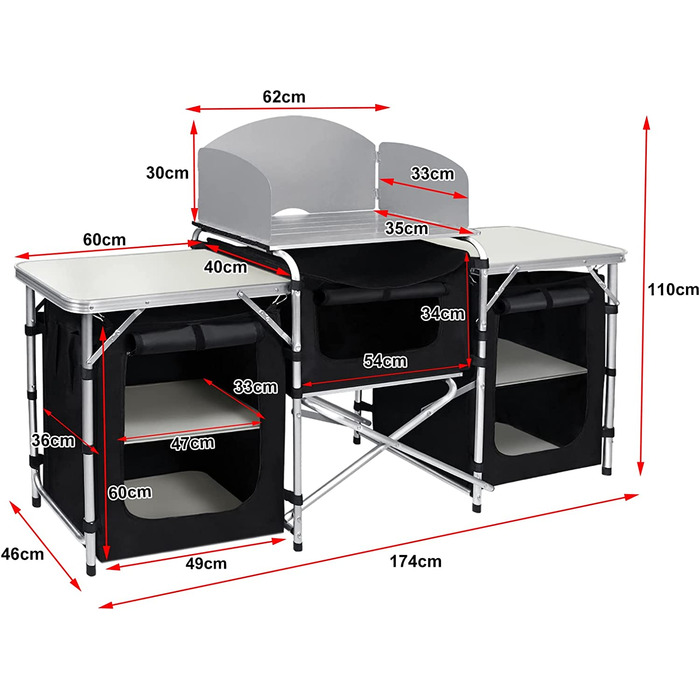 Кемпінгова кухня Кемпінгова шафа з алюмінієвою рамою, Відкритий кемпінг Кухня Кухня Подорожі Кухонний намет Шафа Кухонна коробка Чорнило. Сумка для перенесення 5 відділень - 174 х 46 х 110 см