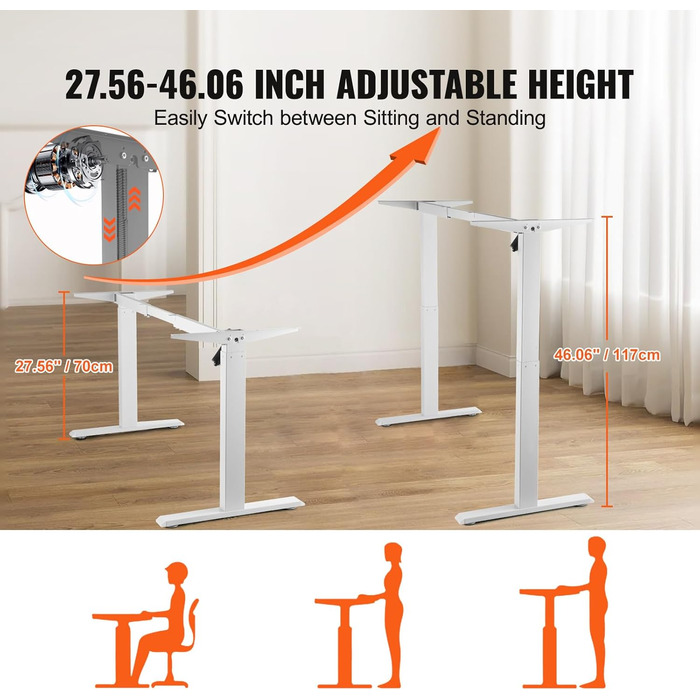 Електричний підйомний механізм для столу VEVOR з подвійним мотором, регулювання висоти 65-129 см та довжини 110-178 см, ергономічна основа для робочого місця, 3 позиції (тільки каркас), 2 мотори, білий, 70-117 см