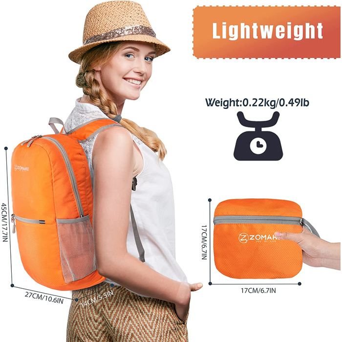 Надлегкий складаний рюкзак ZOMAKE об'ємом 20 л, невеликі рюкзаки, водонепроникний похідний рюкзак, що упаковується рюкзак для жінок і чоловіків, походів на відкритому повітрі (Помаранчевий)