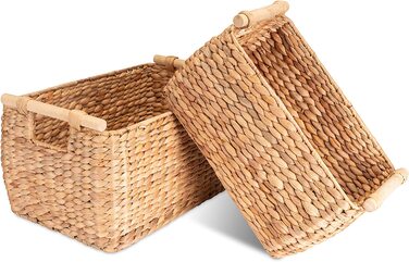 Декоративна корзина для зберігання плетена з водоростей гіацинта довга і вузька з дерев'яною ручкою (набір (м Л), натуральна)