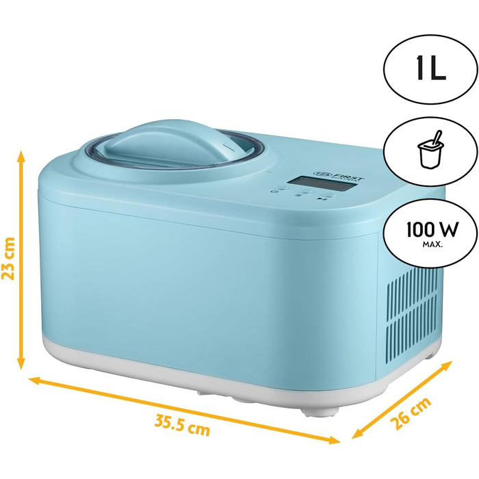 Електрична морозиво-машина TZS First Austria 1L з компресором 3-в-1 - для морозива, сорбету та замороженого йогурту, з мірним стаканчиком та лопаткою, колір м'ятний