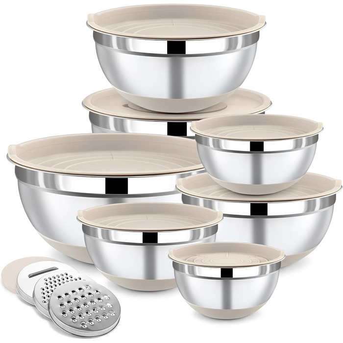 Набір місок для перемішування BEWOS 7 шт. з кришкою, нержавіюча сталь, з терткою, вкладна конструкція, розміри 0.5, 1, 1.4, 1.85, 2.35, 3.2, 4 л для змішування та подачі