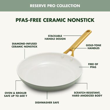 Набір сковорідок GreenPan з антипригарним покриттям, 25.4 см та 30.5 см, кераміка, нержавіюча сталь, посудомийні, для плити та духовки, моховий колір