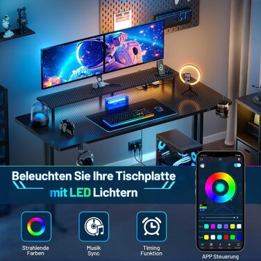 Ігровий стіл HLONONE з LED підсвічуванням, 120x60 см: стіл для геймінгу та офісу з 3 розетками та 2 USB-портами, стійкий комп'ютерний стіл, чорний