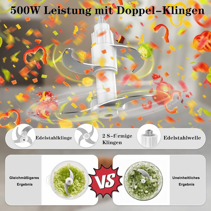 Електричний подрібнювач для кухні [500W] з нержавіючою сталлю, 2L чаша (скло+нержавіюча сталь) – кухонний комбайн для дитячого харчування, м'яса, овочів, цибулі (мідний двигун)