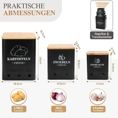 Набір контейнерів для зберігання картоплі, цибулі та часнику, 3 шт. з бамбуковим кришками, чорного кольору. Зберігає овочі свіжими довше, стійкий, складений.