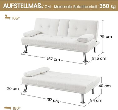 Диван-ліжко Yaheetech на 3 особи з функцією сну, диван-кровать, софа-ліжко, білий, до 350 кг