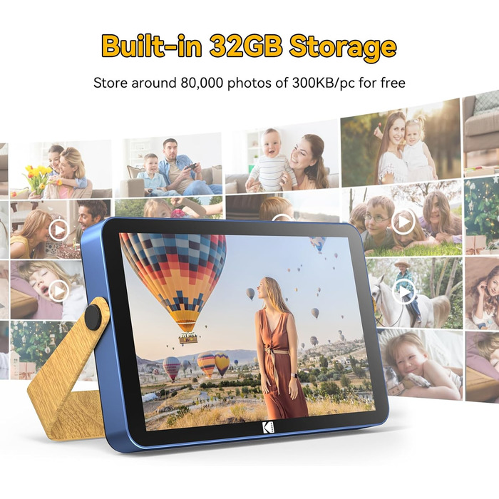 Цифровий фоторамка Kodak з акумулятором, Wi-Fi, 10 дюймів, 32 ГБ, сенсорний HD IPS екран, фото/відео/музика, Bluetooth, керування через додаток, блакитний