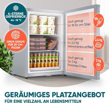 Stillstern Міні морозильник 42L -18°C з формою для льоду, замком, змінним напрямком відкривання дверцят, 4-зірковий глибокий заморожувач для кемпінгу/офісу. Срібний колір.