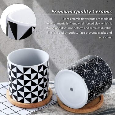 4 шт. горщики для сукулентів Coolty, кераміка, 7 см, міні-кактуси, геометричний дизайн, з підставкою та бамбуковим піддоном для декору