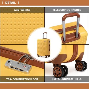 Жовтий валіза KONO 20 дюймів з ABS пластику, з TSA замком, 4 колеса, ручна поклажа 57 x 38 x 24 см