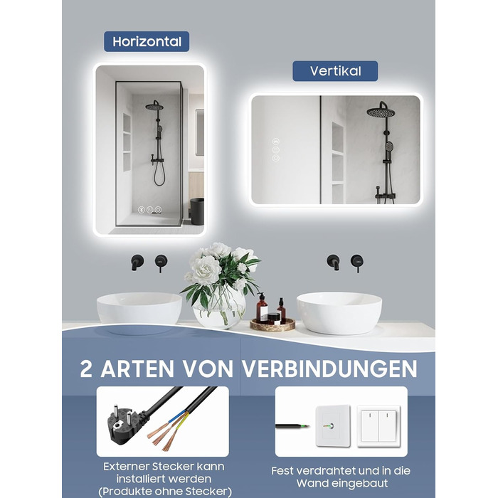Дзеркало для ванної кімнати Habison з підсвічуванням, Bluetooth, 60x80 см, LED, протитуманне, 3 режими, диммування, IP44