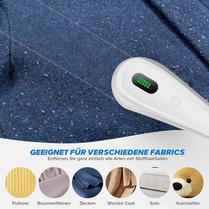 Електричний видальник ворсу з LED-дисплеєм, 6 лез, 2 рівня висоти, 2000 mAh, USB-C, 3 змінні леза, великий контейнер для одягу, диванів, ворсу, ковдр (білий)