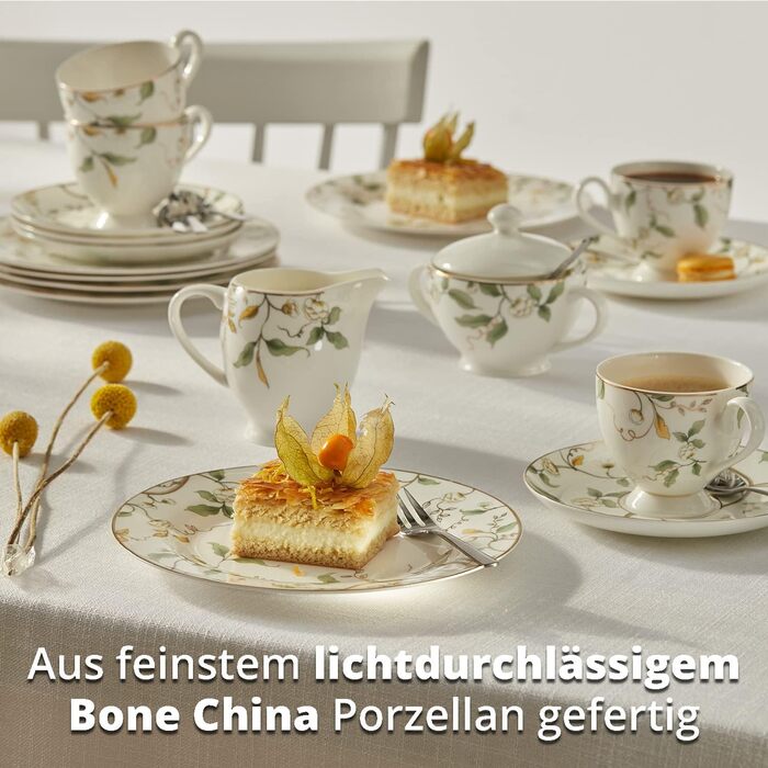 Кавовий сервіс на 6 осіб з Bon China порцеляни: 20-ти частинний набір посуду, білий з квітковим візерунком (6 тарілок, 6 чашок, 6 підставок)