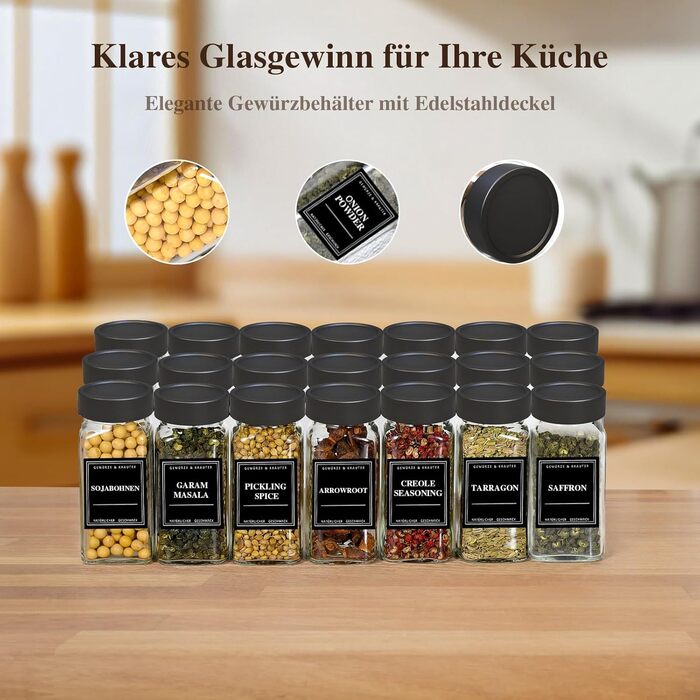 Набір скляних банок для спецій 24 шт. [120 мл, кутові & герметичні] з кришками з нержавіючої сталі, етикетками та ситами - набір спецій, воронки та щітки для чищення - зберігання спецій, баночки для спецій (матова чорна)