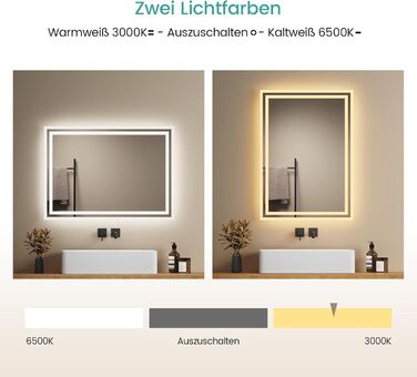 LED дзеркало для ванної кімнати EMKE 40x60 см з підсвічуванням, антизапарювання, регулювання кольору світла, сенсорне керування, алюмінієва рама, IP44, енергозбереження