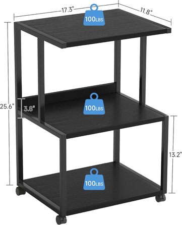 Підставка для принтера CAIYUN з колесами, 3 рівня, чорна, 30x44x65 см