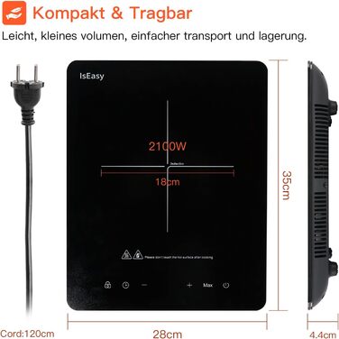 Індукційна конфорка, індукційна варильна поверхня IsEasy 1 пластина 2100 Вт, 28 см конфорка, портативна, з вилкою, 9 режимів нагріву, 8-годинний таймер, сенсорне керування, функція підсилення, чорний. 1 конфорка (2100 Вт)