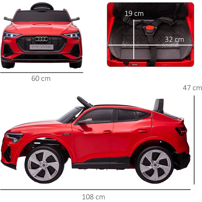 Дитячий електромобіль HOMCOM Audi E-tron 12V з пультом, ременем безпеки, музикою (MP3/USB/TF), для дітей 3-5 років, 3-5 км/год, червоний