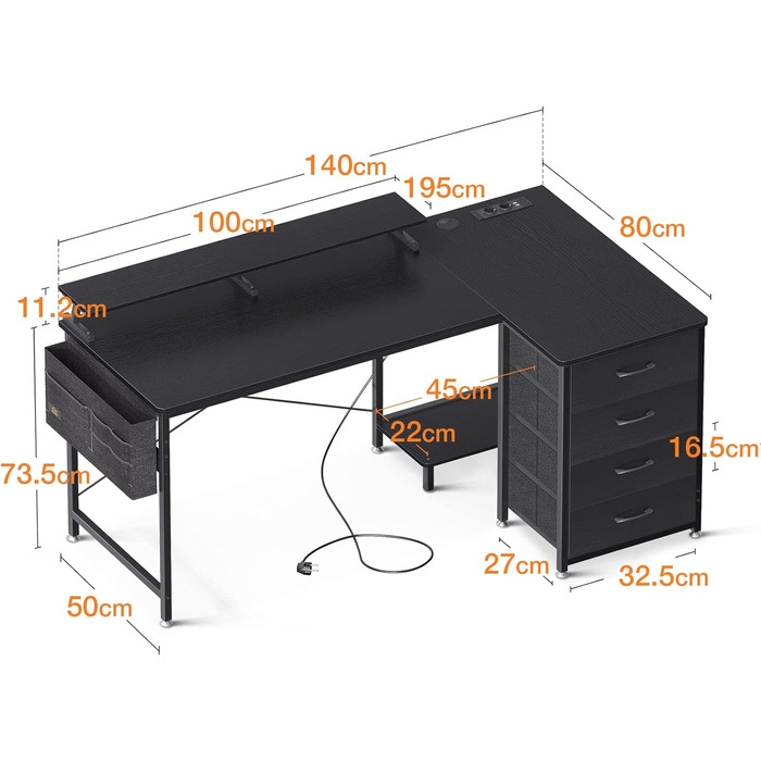 Кутовий стіл з USB-підключенням для зарядки, розеткою, 4 шухляди, полиця для монітора, 140x80x87см