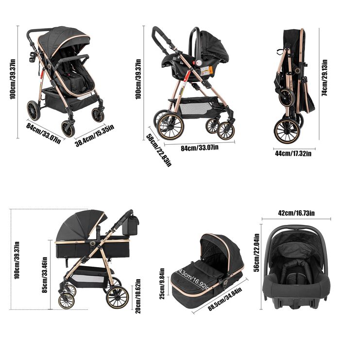 Дитяча коляска 3 в 1, комбінована коляска 3 в 1 Комплект з двома обертаними ручками, коляска з функцією складання в один клік, алюмінієвий каркас (588 Black) (3 в 1 V8 BLACK, 3 в 1-V8 Модель)