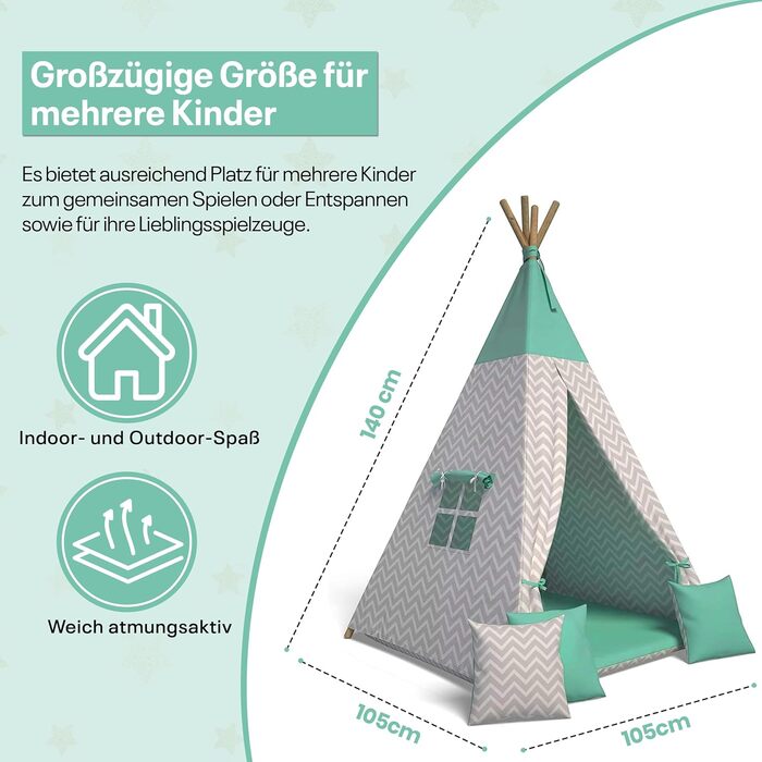 Дитячий намет-тіпі: іграшковий намет для дітей, м'якими подушками, довговічний, дружній до дітей, зелений, для дитячої кімнати