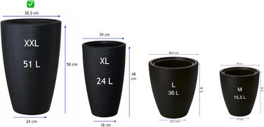 Горщик для квітів MELTOM Blumenkübel - чорний, XXL (58 см) з знімним вкладишем, горизонтальні смуги
