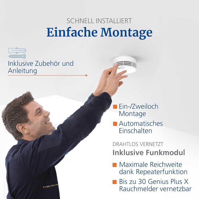 Пожежний сповіщувач Hekatron Genius Plus з батареєю на 10 років, тестування Stiftung Warentest, Made in Germany, з клейкою підкладкою, підтримка додатку, багатомовний, 1 шт.