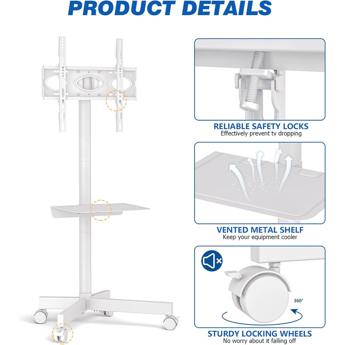 Візок для телевізора RFIVER для телевізора 27-60 дюймів, регульований по висоті, нахил, макс. 40 кг, VESA 400x400, білий