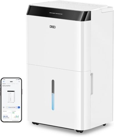 Dreo Розумний осушувач повітря - 20л, для приміщень до 37 м², з керуванням через додаток та Alexa, 3 режими, таймер, регулювання вологості, з відводом води, для спальні та ванної кімнати, білий/чорний